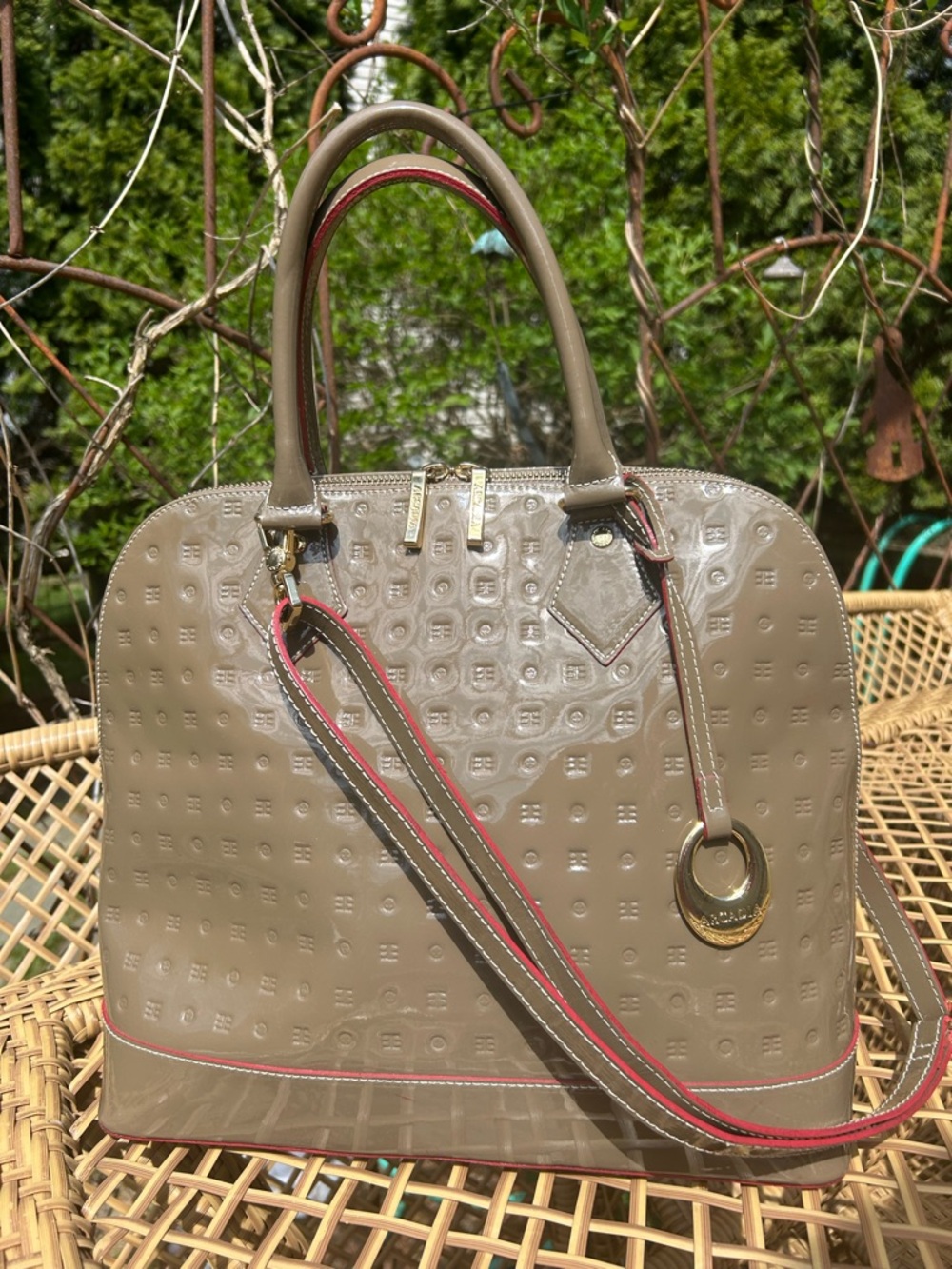 Arcadia Taupe Patent Dome Satchel with Removable Strap
